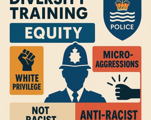 Britisk politi, hvitt privilegium. KI illustasjon fra ChatGPT/ Dall-E.