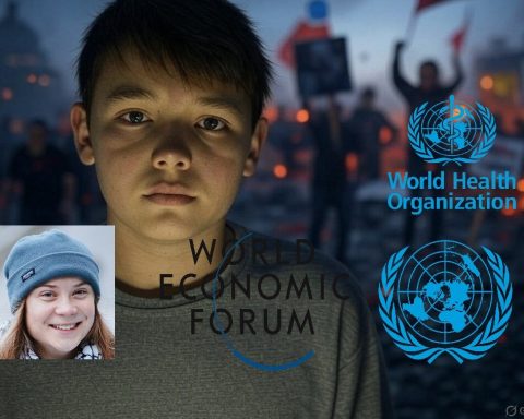 Criticus skriver om ungdommers reelle klimaangst, med FN, WEF, NGO-er og nasjonale myndigheter som pådrivere. Bildet laget med KI, Grok på X, med logoer fra organisasjonene og bilde av Greta Thunberg.
