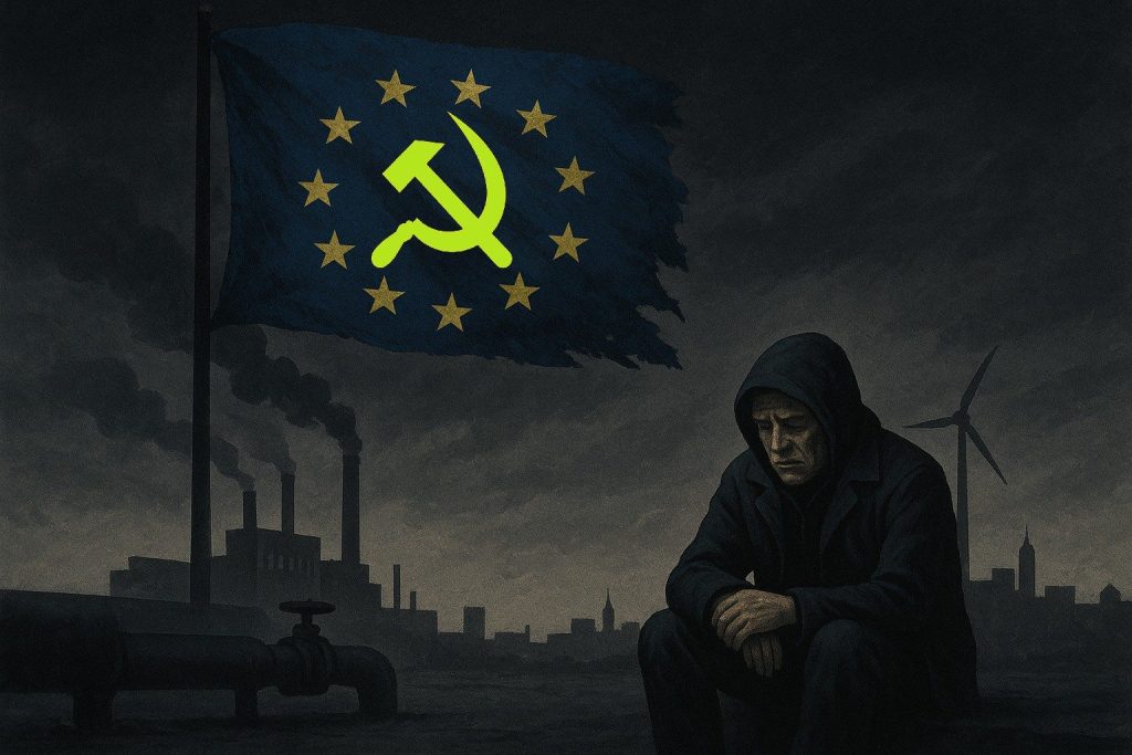 Tysklands deindustrialisering illustrert med ChatGPT, men hammer og sigd ble lagt til manuelt fordi ChatGPT er alt for politisk korrekt.