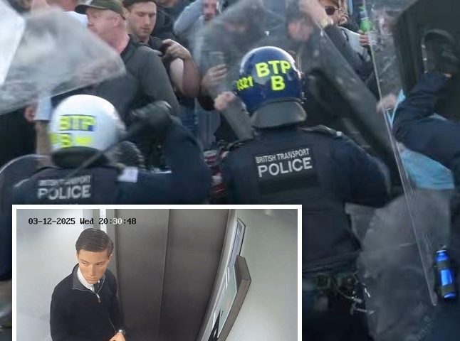 Politibetjenter og demonstranter under en protest etter drapet på Henry Nowak. Innfelt bilde av Henry Nowak. Foto fra nyadagbladet.se.