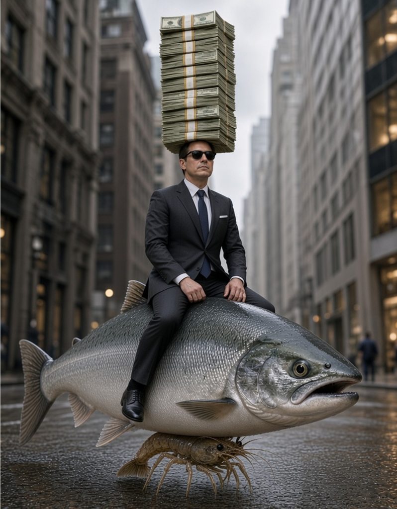 Krill og raudåte blir knust av lakseindustrien og finansinteresser, illustrert med Grok fra xAI.
