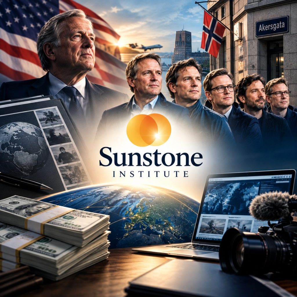 Sunstone Institute finansieres av den amerikanske finansmannen Lawrence D. «Lonnie» Howell, mens norske mediefolk står for virksomheten i Oslo. Illustrasjonen er laget med ChatGPT, inspirert av nettsiden sunstone.institute.