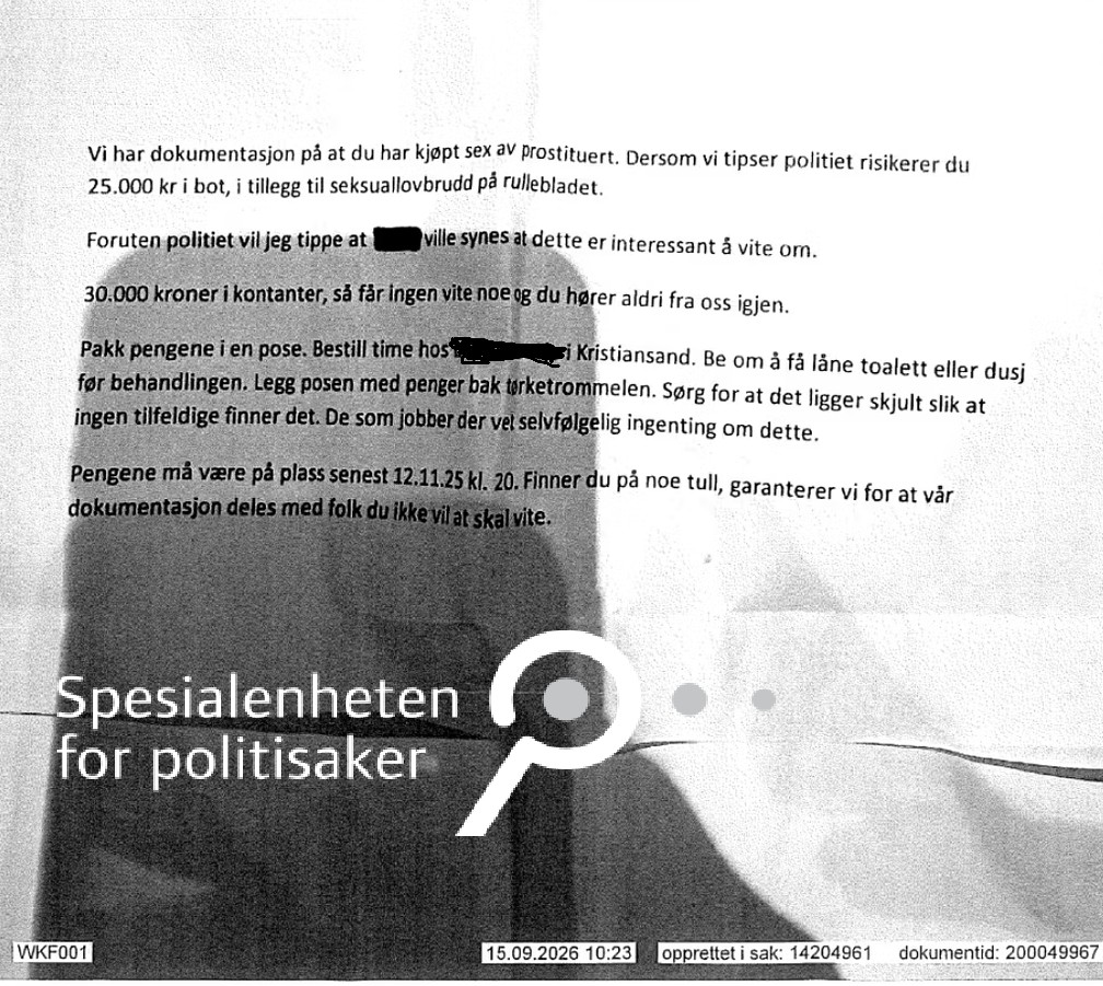 Utpressingsbrevet fra Kjartan Øygard. Foto fra Spesialenheten for politisaker via VG i stor men anonymisert sak. Uten Filter har sladdet navnet på massasjeinstituttet i Kristiansand.